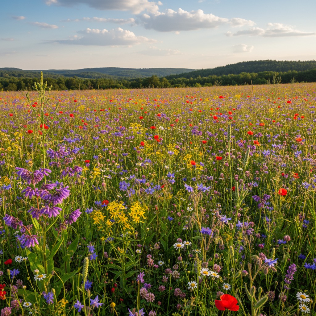 Eine bunte Blumenwiese mit Mohnblumen und Kornblumen erstreckt sich vor einer hügeligen Waldlandschaft unter einem sonnigen Himmel.