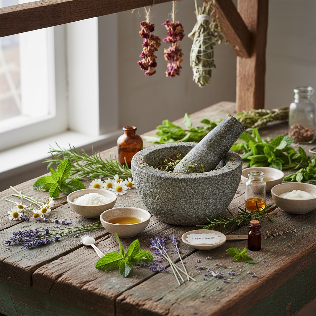 Ein Mörser mit Stößel steht umgeben von frischen Kräutern, Blumen und kleinen Schalen mit Zutaten auf einem rustikalen Holztisch.
