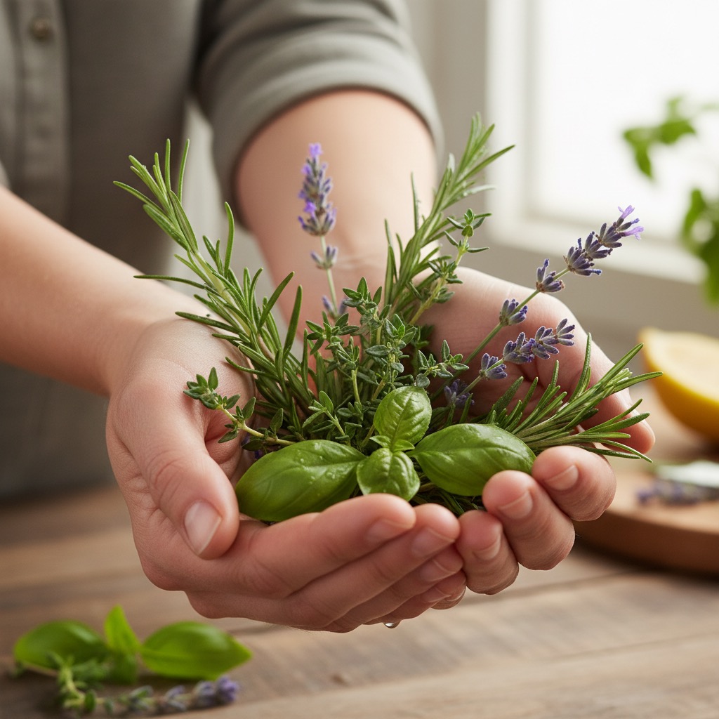 Hände halten einen Strauß aus frischem Basilikum, Rosmarin und Lavendel.