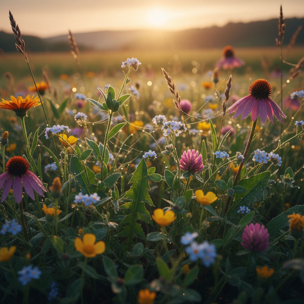 Eine bunte Blumenwiese mit Tautropfen im Licht der aufgehenden Sonne.